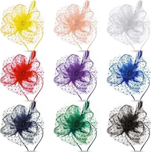 Tigeen 9 Pcs Fascinator for Women Tea Party Hat Headband Cocktail Veil Flower Feather Mesh Derby Hat for Wedding Church