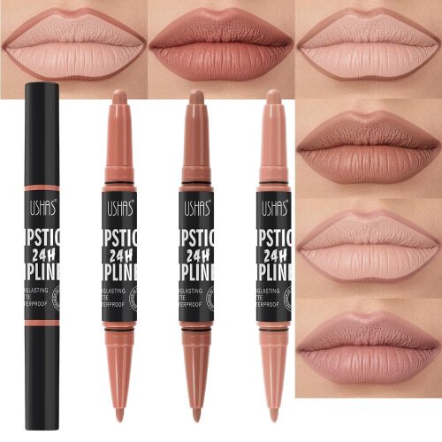 USHAS 3Pcs Lipstick and Lip Liner Combo Set 2 in 1 Makeup Kits Long Lasting and Waterproof Nude Matte Lipstick For Women (Set 1 (10+11+12), 3Pcs)