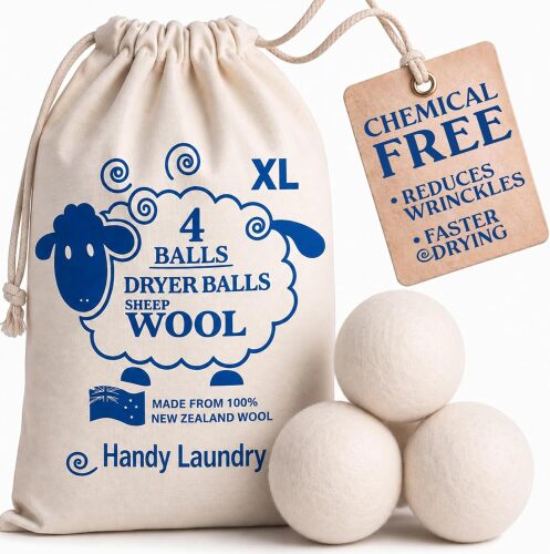 Handy Laundry Wool Dryer Balls 4-Pack, Reusable Natural Fabric Softener | Reusable Wool Dryer Balls, Natural Fabric Softener, Reduces Wrinkles, Alternative to Liquid Softener