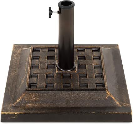 26lb Outdoor Patio Umbrella Stand Heavy-Duty Steel Square Umbrella Base w/Bronze Finish, Decorative Basket Weave Pattern