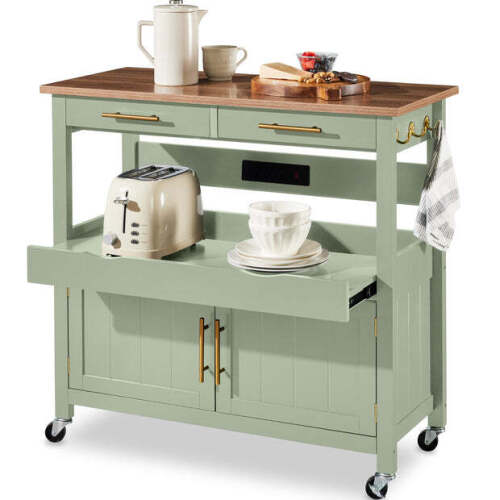 36in Large Rolling Kitchen Island Cart, 2-Door Cabinet, Outlet, & Wheels