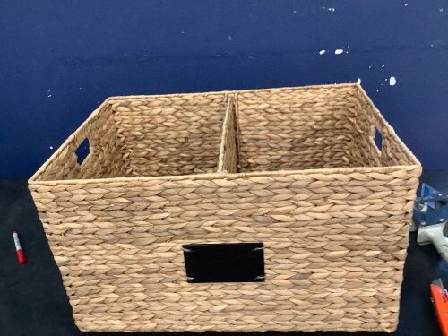 Pantry Storage Basket Organizer W/ Chalkboard Label, Handles, Removable Divider