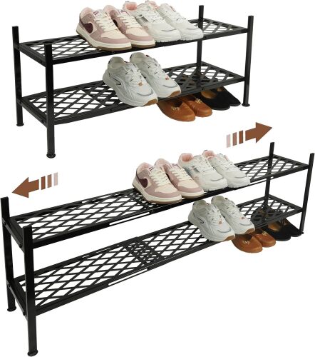 Nijoam Shoe Rack, 45.6" Expandable Shoe Storage Organizer for Closet - Stackable | 2-Tier Metal Long Shoe Shelf with Sturdy Wire Grid Shoe Stand Holder for Entryway, Garage, Bedroom, Door Entrance
