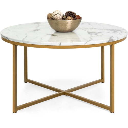 36in Faux Marble Modern Round Living Room Accent Coffee Table w/ Metal Frame