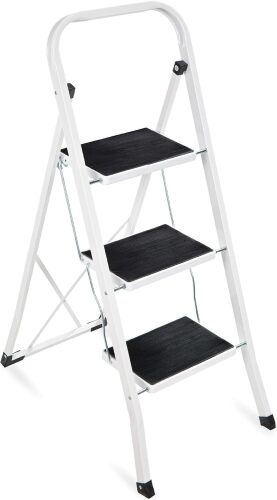 3- Step Steel Ladder, Folding Portable Step Stool w/ Non Slip Rubber Feet, Rubber Foot Pads, 330lb Capacity