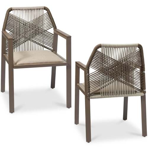 Set of 2 Indoor/Outdoor Aluminum Dining Chairs with Arms All-Weather Rope