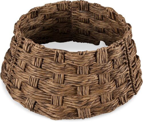 24in Christmas Tree Collar, Basket Woven Hyacinth 3-Piece Holiday Rattan Tree Skirt Accessory for Home w/Cord Cut-Out