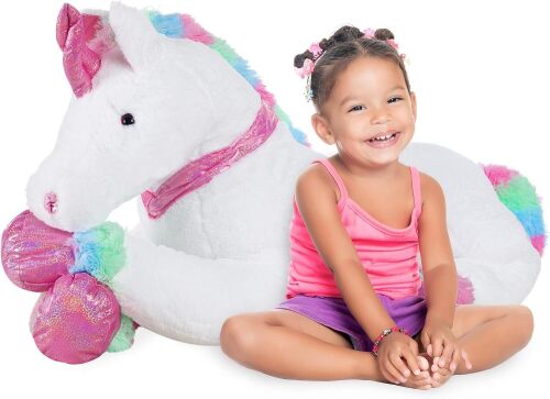 52in Kids Extra Large Plush Unicorn, Life-Size Stuffed Animal Toy w/Rainbow Details - Soft White Fur