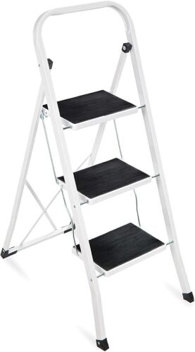 3- Step Steel Ladder, Folding Portable Step Stool w/ Non Slip Rubber Feet, Rubber Foot Pads, 330lb Capacity