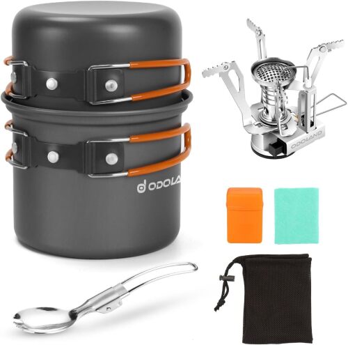 Camping Cookware Mess Kit, Lightweight Pot Stove Spork Set | Protable 6pcs Backpacking Gear with Carry Mesh Bag for Outdoor Camping Cooking Hiking and Picnic