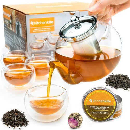 Glass Teapot Set with 4 Double Wall Tea Cups & Removable Stainless Steel Infuser, 35oz/1000ml Borosilicate Tea Kettle Stovetop Safe, Loose Leaf & Blooming Tea Maker Gift Set for Women