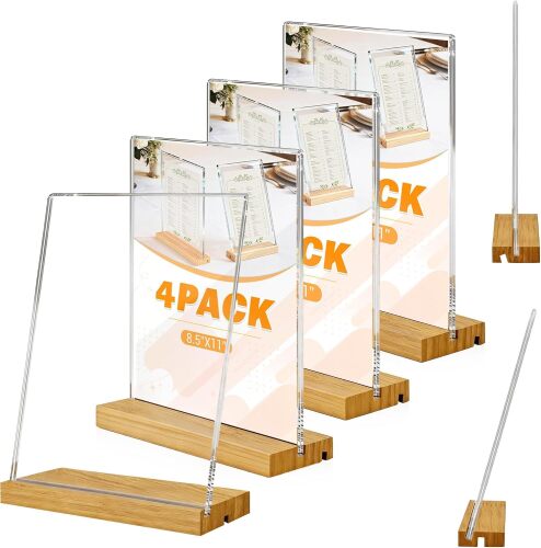 Acrylic Sign Holder with Wooden Base, 4 Pack Adjustable Vertical/Tilt Acrylic Display Stands for Flyers, Menus, Picture Frames (Natural Wood, 8.5“ X 11“)