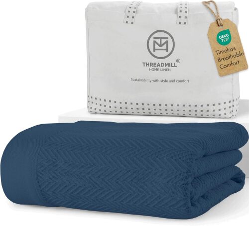 100% Cotton Queen Herringbone Blanket, Folkstone Blue | All-Season Thermal Blanket, Soft & Breathable, Cozy Moisture-Wicking, OEKO-TEX Certified, Machine Washable