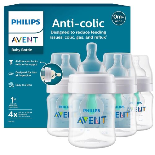 Philips Avent Anti-Colic Baby Bottle with AirFree Vent, Slow Flow, 4 oz | For Ages 0 Month+, Reduces Colic, Gas & Reflux, Flow 1 Nipple with Secure Latch System, BPA-Free, 4-Pack, Clear