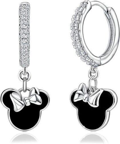 Sterling Silver Black Mouse Earrings For Women Black Drip Glue Mouse Dangle Hoop Earrings Sparkling Mini Cute Mouse Bow Animal Princess Huggie Jewelry Gifts for Daughter Birthday