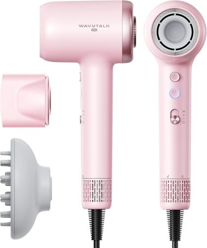 Wavytalk Turblow Pro Fast Drying Hair Dryer with Diffuser | 110k RPM Fast Dry | 2 Attachments for All Hair Types | Ions Reduce Frizz & Damage, Boost Shine | 3 Speeds & 3 Temps (Pink)