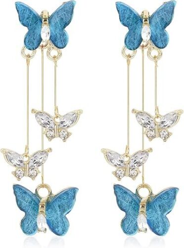 Butterfly Earrings, Blue Butterfly Tassel Earrings Crystal Rhinestone Dainty 3D Butterfly Drop Dangle Earrings Charm Jewelry for Singer Fans Concert Costume Wedding Christmas Birthday Gift