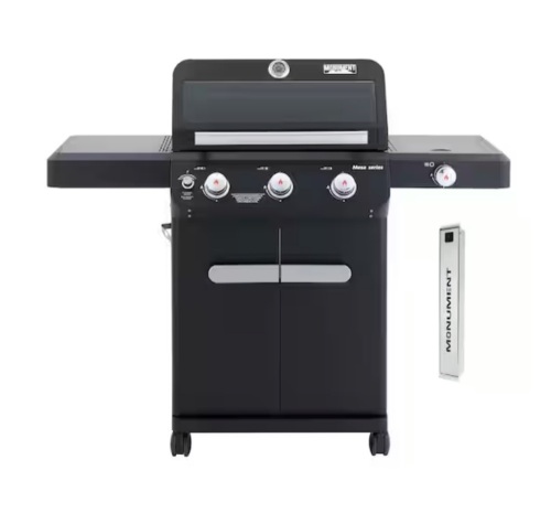 Monument Grills Mesa 3-Burner Propane Gas Grill in Black with Clear View Lid, LED Controls, Smoke Box, and Side Burner