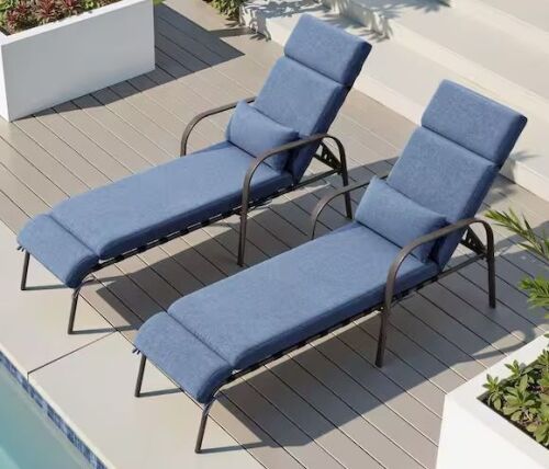 2-Piece Adjustable Metal Outdoor Chaise Lounge with Dark Blue Cushion 5-Positions Including Flat Backrest for Poolside