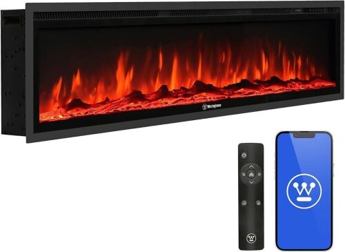 Westinghouse 60 Inch Electric Fireplace Heater, Compatible with Alexa & Google Home, Wall Mount or in-Wall Recessed Fireplace Insert, 24 Hour Timer, Color Changing Flames, 750W/1500W