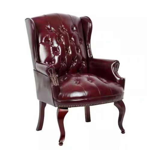 BOSS Office Products Wing Back Chair Burgundy Vinyl Mahogany Button Tufted Brass Nail Heads