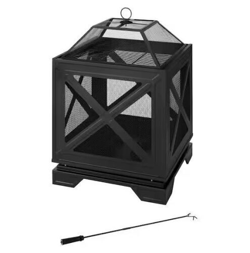 Hampton Bay Westbury 25.98 in.W Black Steel Wood Outdoor Fire Pit with Cover, Cooking Grate, and Poker Included