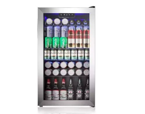 17.3 in. Single Zone-130 Can Freestanding Beverage and Wine Cooler in Silver, LED Light, UV Protection
