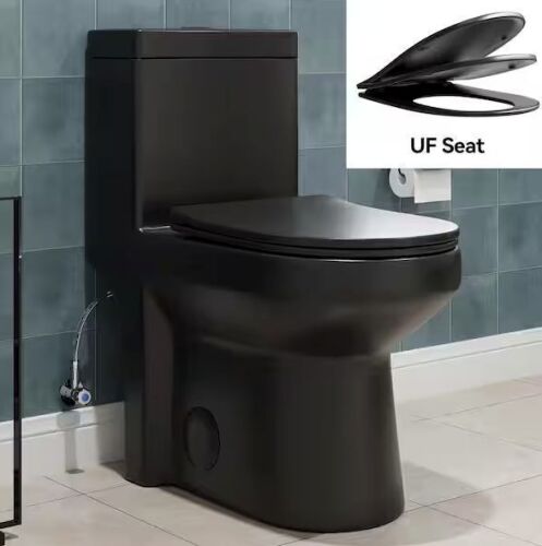 Hanikes 1-Piece 1.1/1.6 GPF Dual Flush Compact Round Toilet in Black Soft Close Seat Included