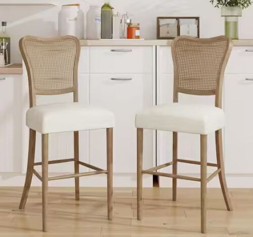 Noble House 30 in. Dark Brown and Beige Cane Back Rubberwood Barstool, Set of 2