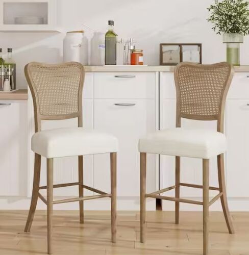 Noble House 30 in. Dark Brown and Beige Cane Back Rubberwood Barstool, Set of 2