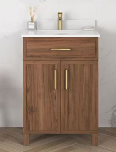 Home Decorators Collection Bilston 24 in. Single Sink Spiced Walnut Bath Vanity with White Engineered Stone Top