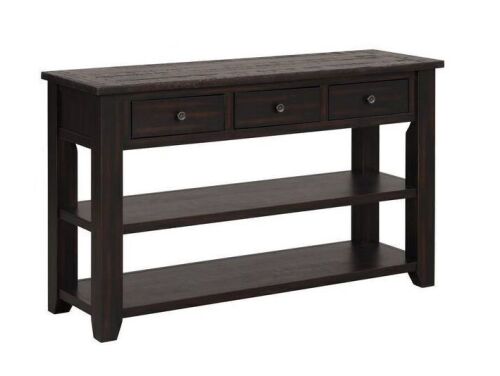 Noble House Dexter 48.82 in. Distressed Black Rectangle Wood Console Table with 3 Storage Drawers and 2 Shelves