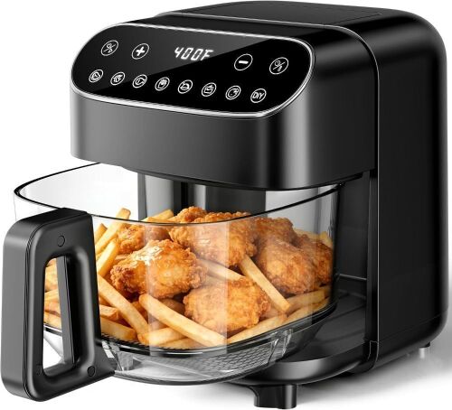 5QT Glass Air Fryer, Digital Touch Control, 1500W, Portable, Dishwasher Safe Basket, Up to 400°F