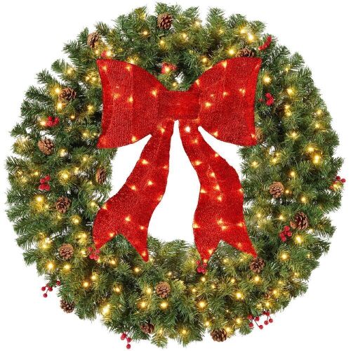 30" Pre-Lit Artificial Christmas Wreath w/Berries & Pinecones, Red Bow, Lights