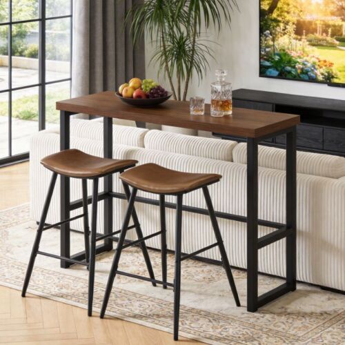 Narrow Pub Table with 2 Saddle Padded Stools