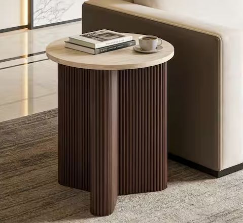 CHRISTOPHER KNIGHT HOME Vienna Modern 17.8 in. Brown Round Marble Pattern Stone Top End Table with Wood Base
