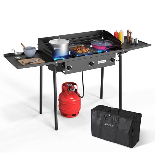 ROVSUN 3-Burner 225000 BTU Windproof Camping Propane Stove with Side Shelves & Bag