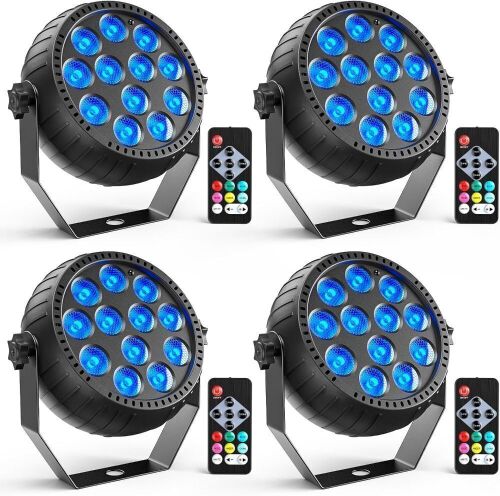 Rechargeable Mini Par Lights, Wireless 12 RGB Battery Powered Stage Lights, Sound Activated Remote Control, 4 Pack