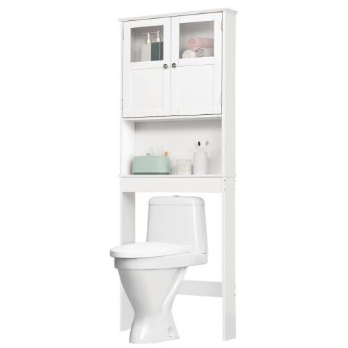 Over the Toilet Bathroom Storage Cabinet Space Saver with 2 Doors and 3 Storage Shelves, White Finish