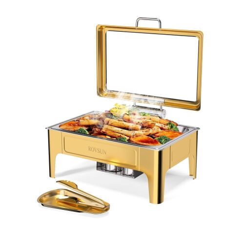 ROVSUN 9 QT Rectangular Gold Chafing Dish Buffet Set with Serving Tong