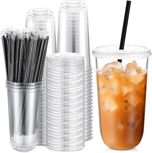 Lot of (2) 100 pc 20oz Clear Plastic Cups with Lids and Straws