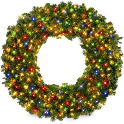 24" Pre-Lit Artificial Fir Christmas Wreath w/ Multicolor LED Lights, PVC Tips