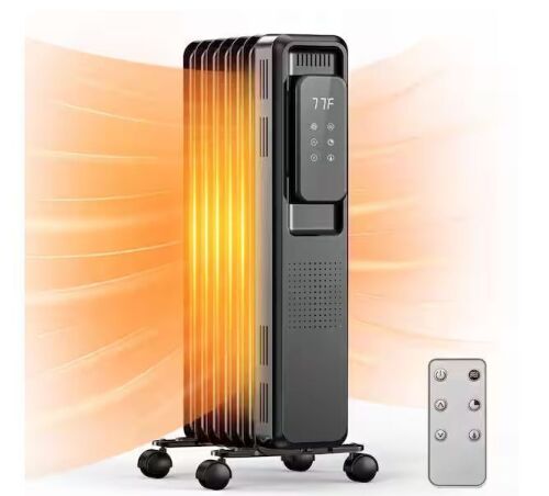 R.W.FLAME 1500W Portable Electric Oil Heater with LCD Display and Anti-Tip Protection in Black