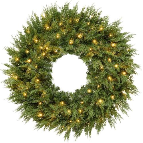 36" Pre-Lit Cedar Cypress Christmas Realistic Wreath w/ Twinkling LEDs