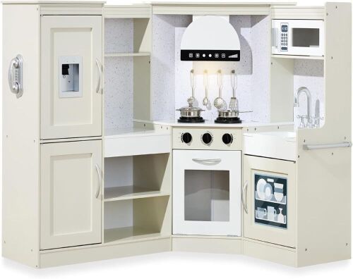 Pretend Play Corner Kitchen Wooden Toy Set for Kids w/ Lights, Sounds
