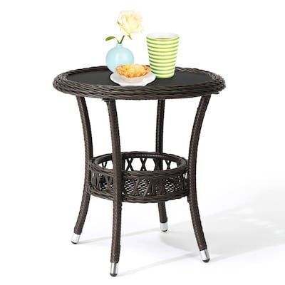 VINGLI 20W x 21H Wicker Side Table with Storage and Tempered Glass Top