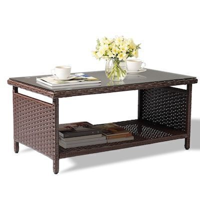 VINGLI 37W x 16H Outdoor Wicker Coffee Table with Tempered Glass Top and Storage