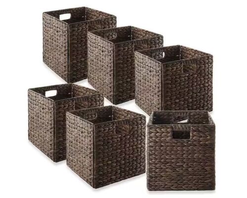 Casafield Brown Espresso 12 in. x 12 in. Wicker Water Hyacinth Decorative Baskets for Storage, Set of 6