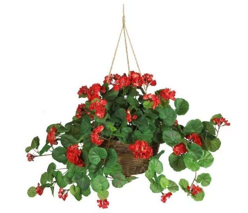Nearly Natural 24 in. Artificial Geranium Silk Hanging Basket