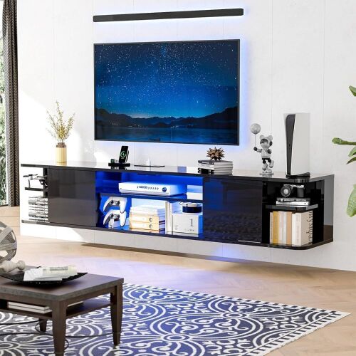 VINGLI Wall Mounted Black Floating TV Stand